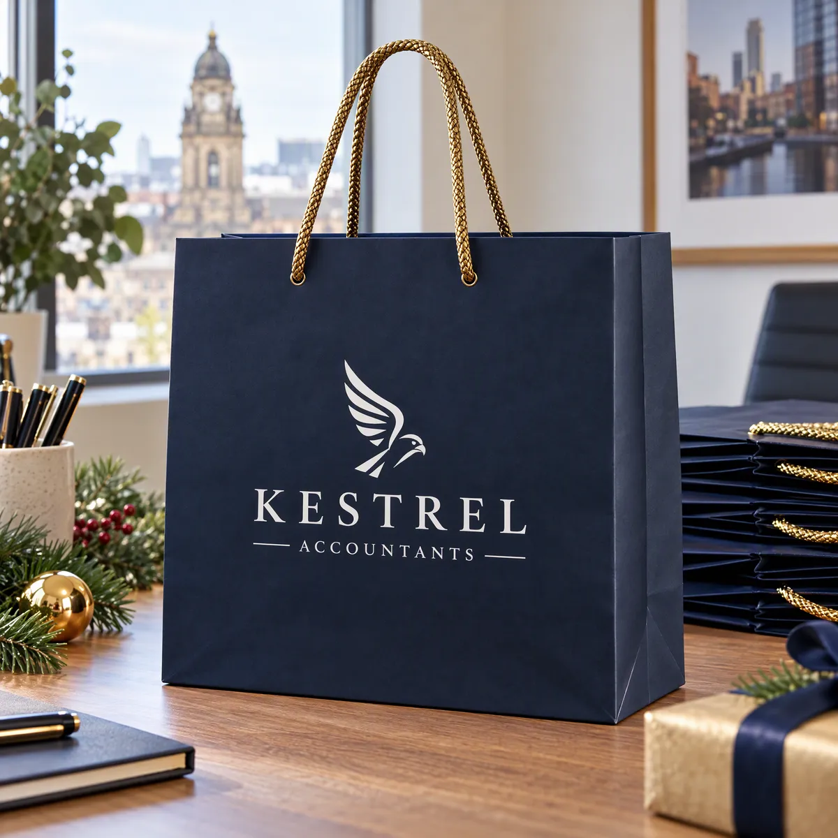 Navy paper gift bags with rope handles, printed with a white logo, ready for client gifts
