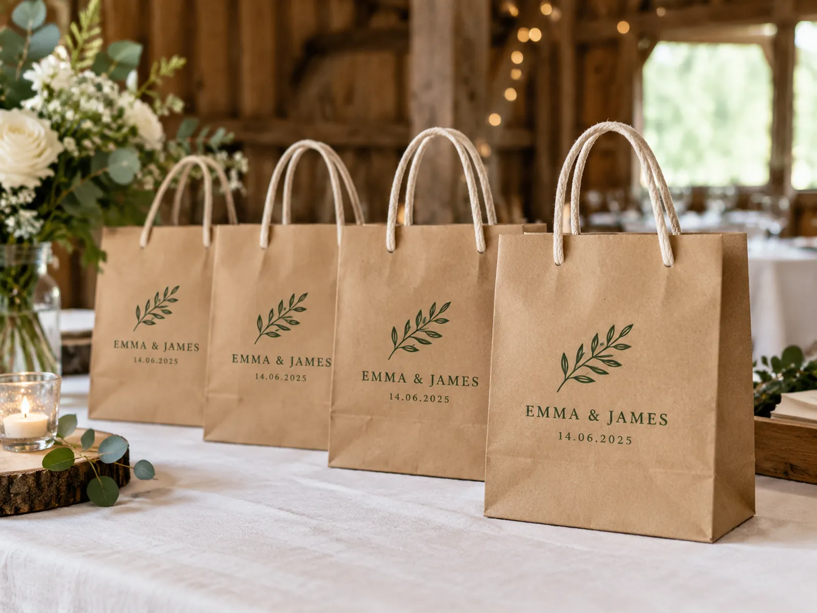 Row of small kraft gift bags printed with the same wedding design on a favour table