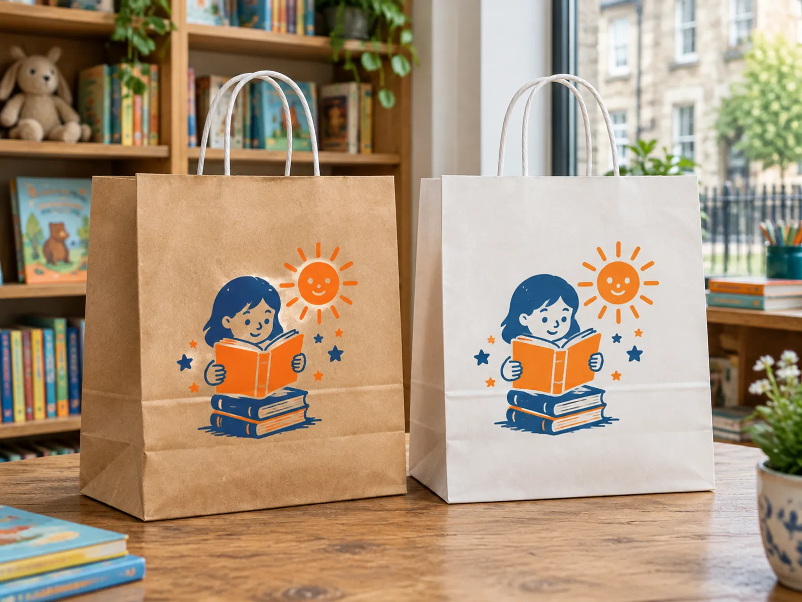 The same orange and blue logo printed on a brown kraft bag and a white kraft bag, side by side