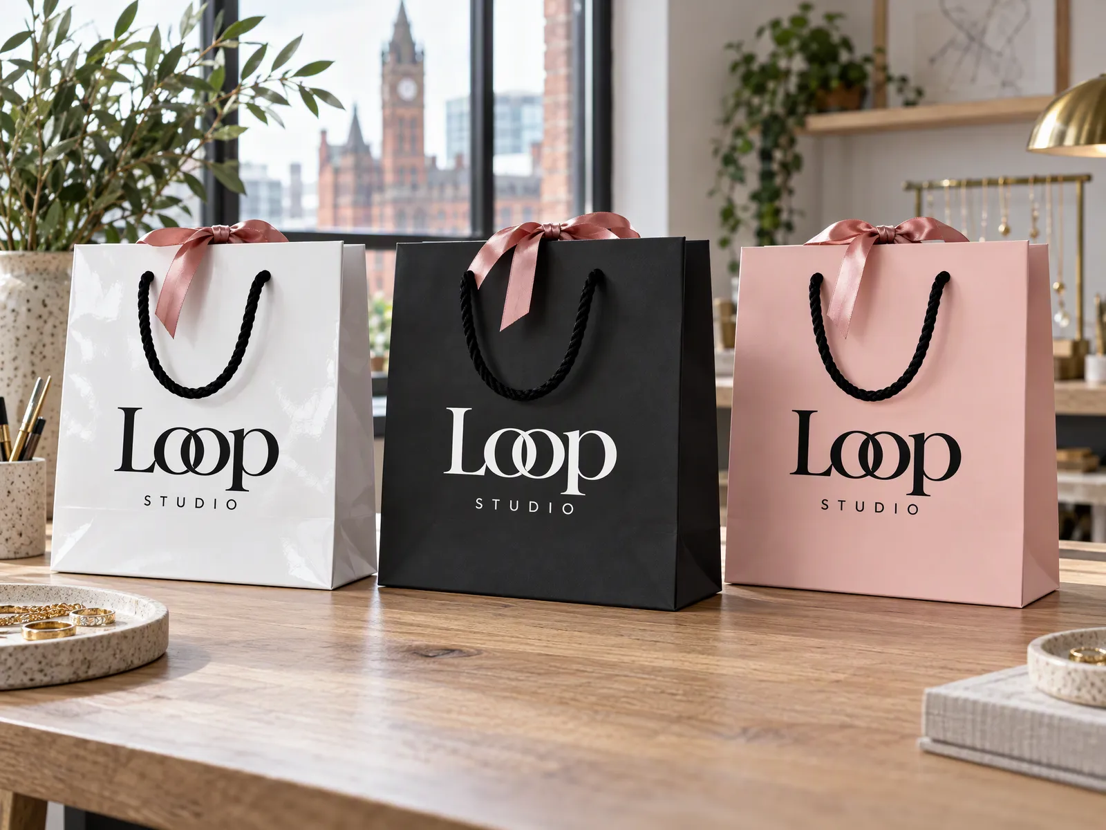 Three laminated paper bags in gloss, matt and soft-touch finishes, side by side