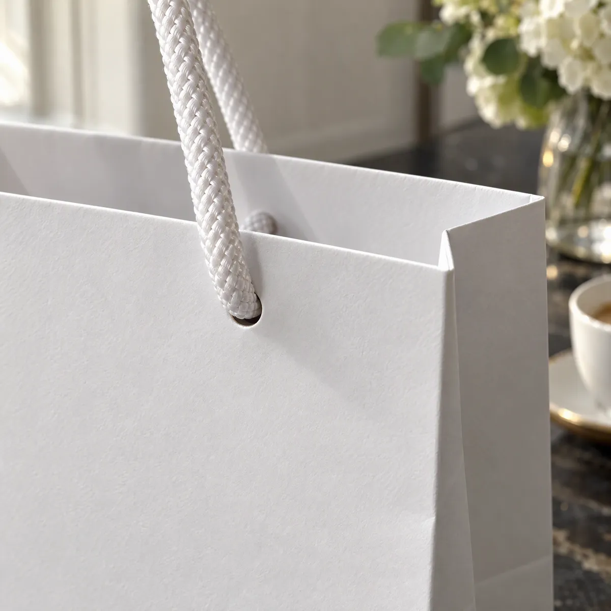 Rope handle knotted through the reinforced top of a white luxury paper bag