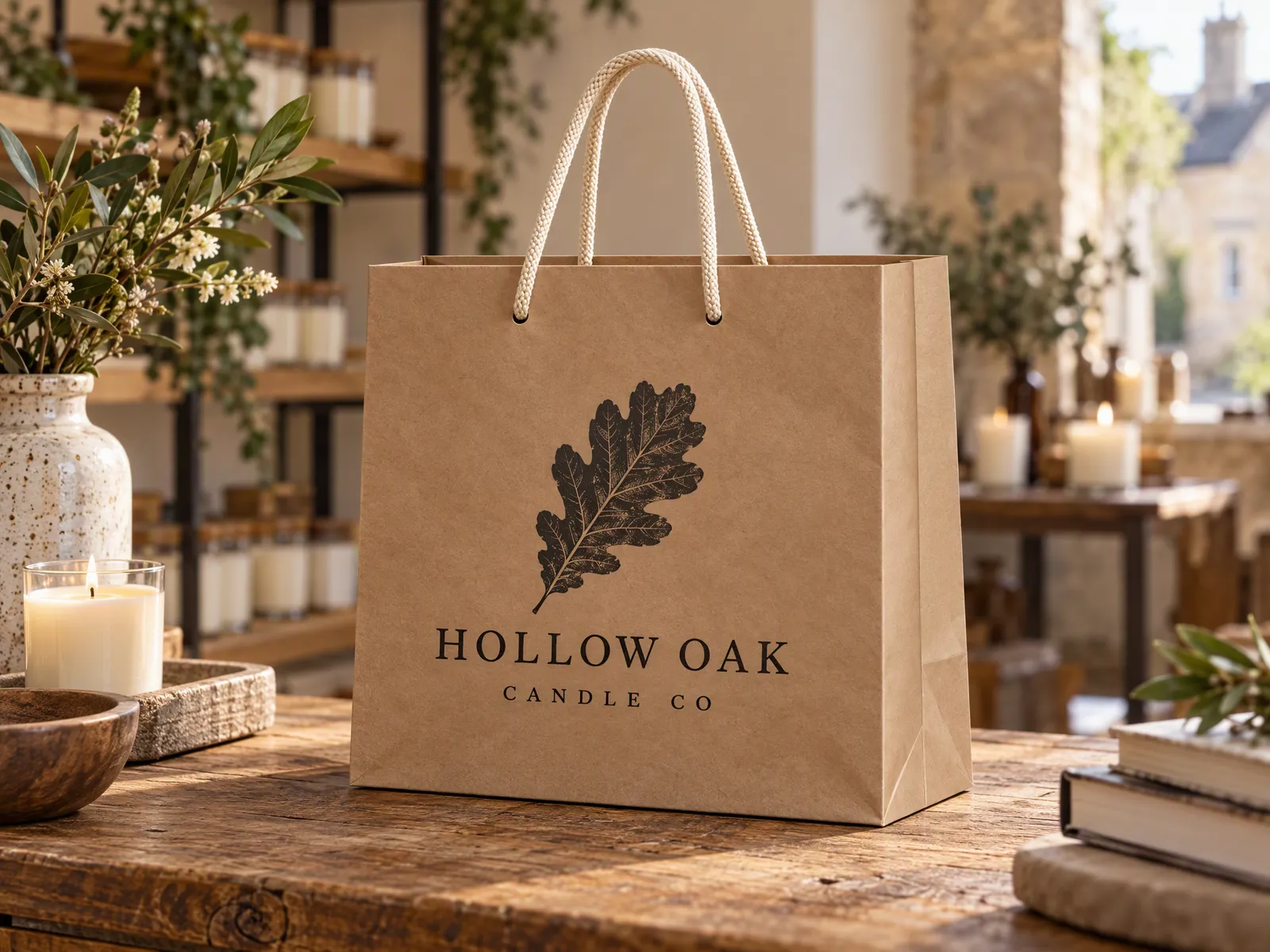 Luxury brown kraft paper bag with cotton rope handles, printed in black, on a shop table