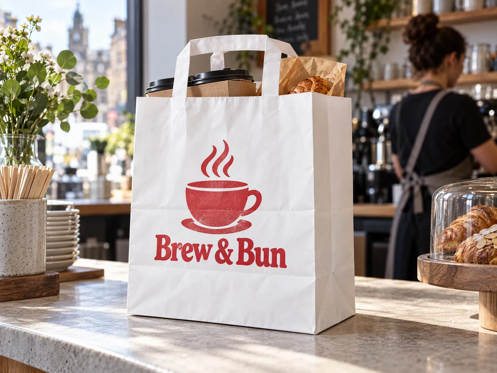 Small white kraft takeaway bag printed in red with a coffee and pastry inside, on a café counter