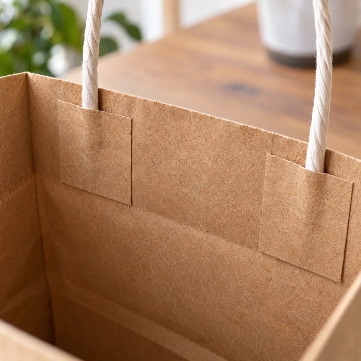 Inside a twisted handle paper bag, showing the handle glued behind a reinforcing paper patch