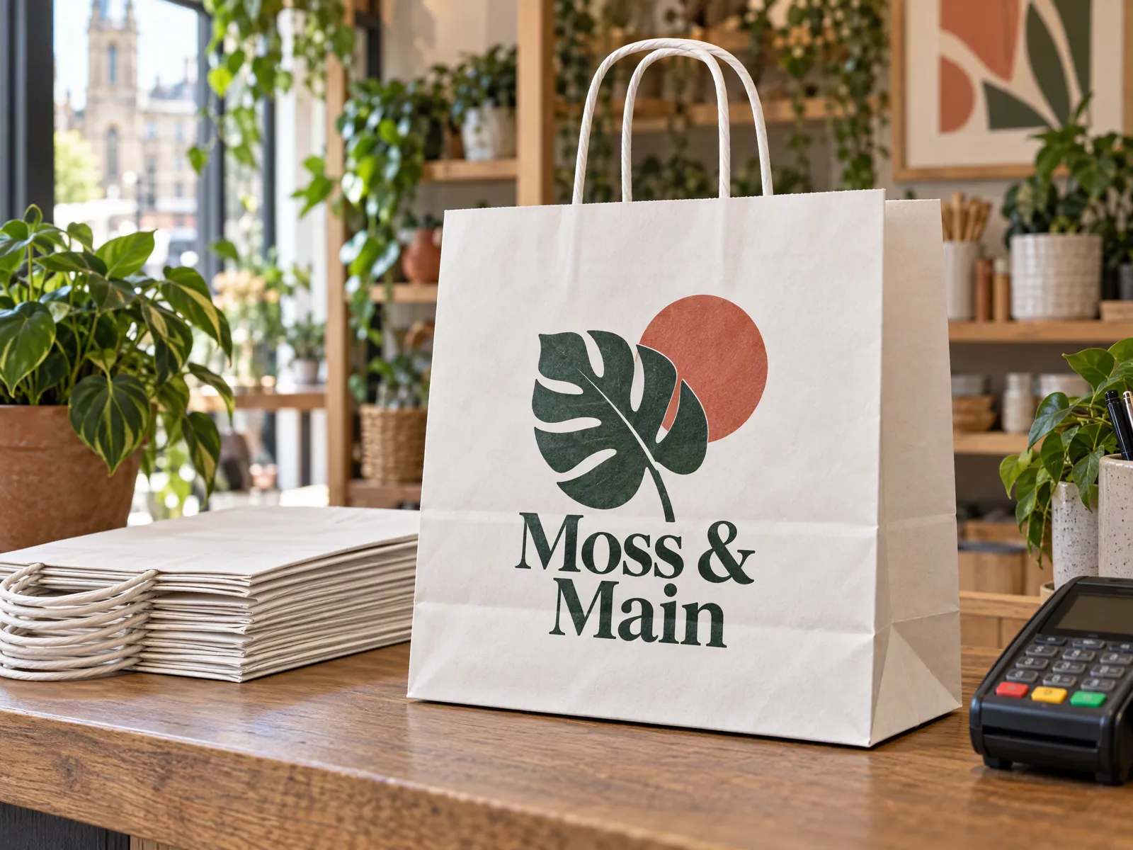White kraft twisted handle paper bags printed in green and terracotta, stacked on a shop counter