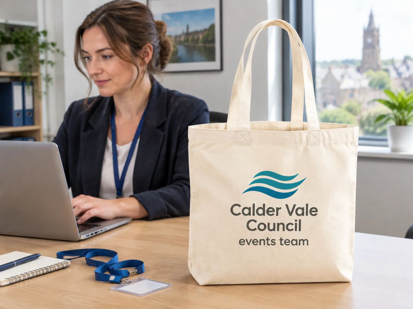 Council officer at a desk with a natural cotton tote printed with a teal Calder Vale Council logo