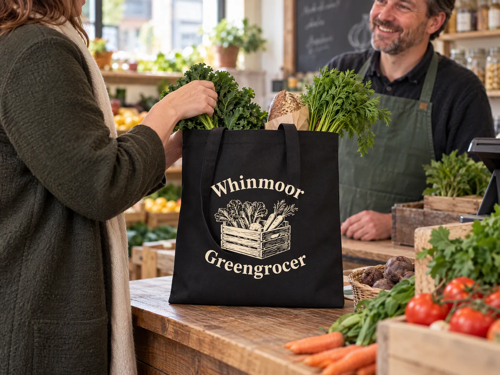 Shopper packing groceries into their own black canvas bag at the till of an independent grocer