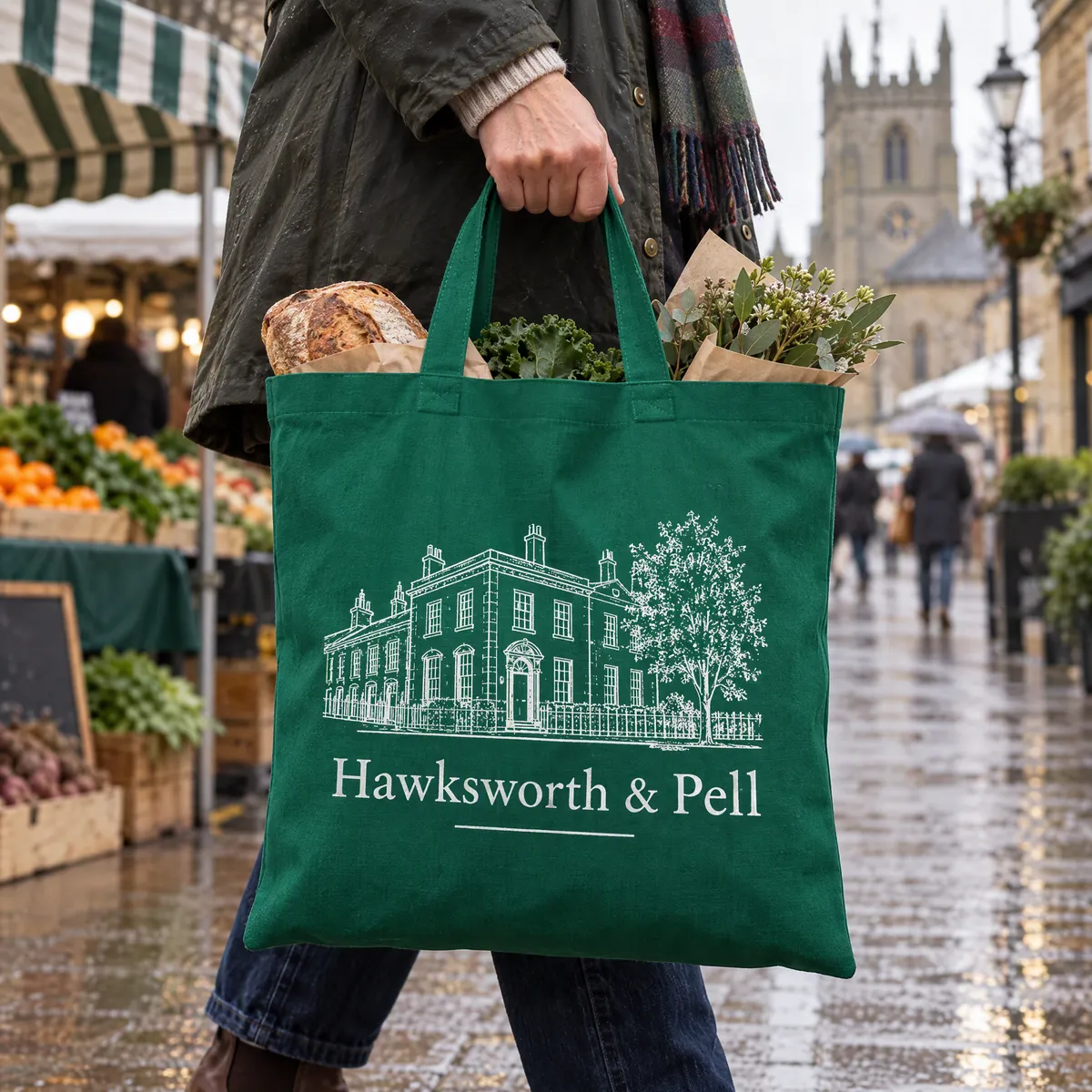 Person carrying a bottle green cotton shopper printed in white through a market town in winter