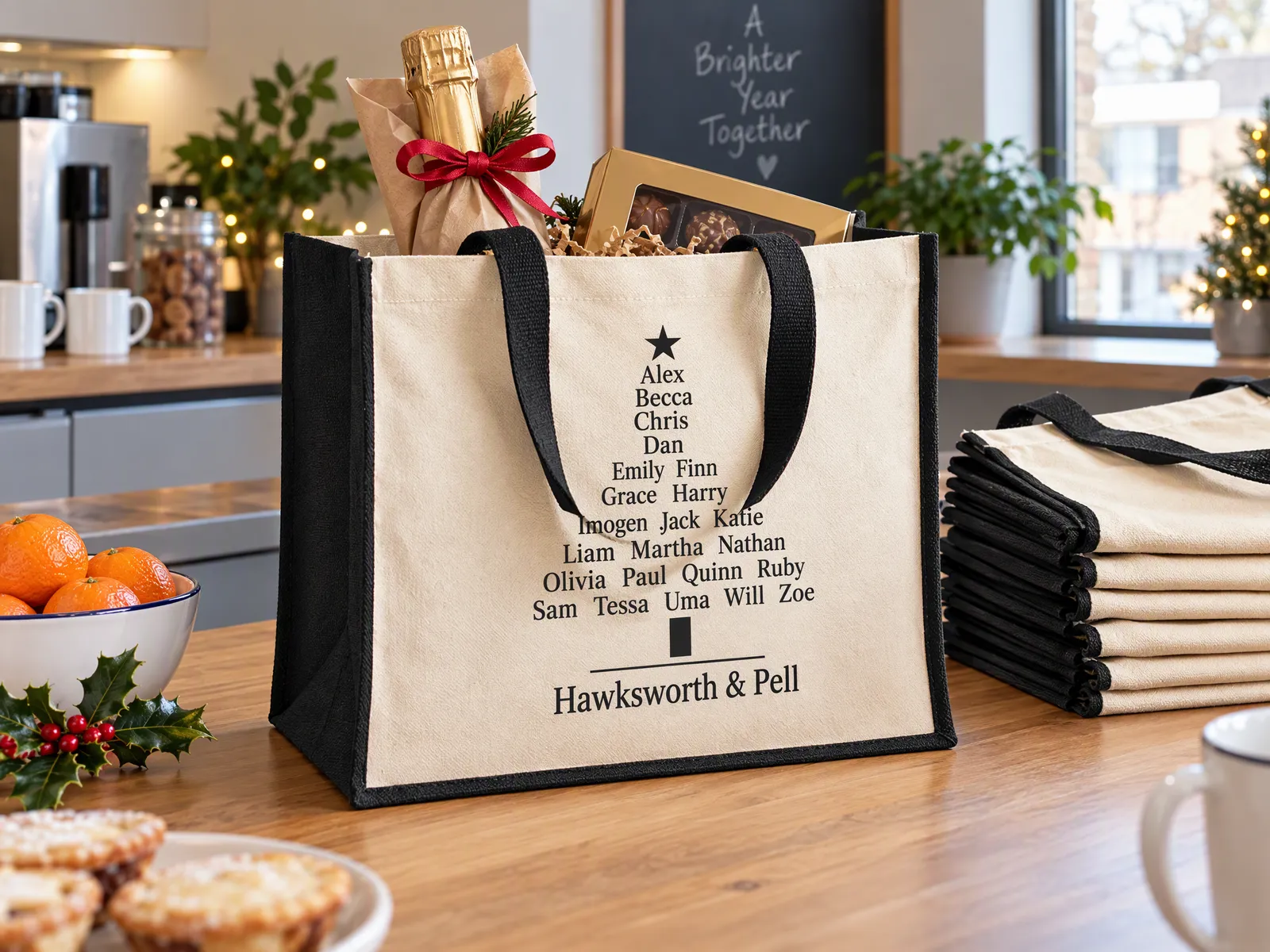 Jute bag with black sides holding a wrapped bottle, printed with every team member's first name arranged into a tree