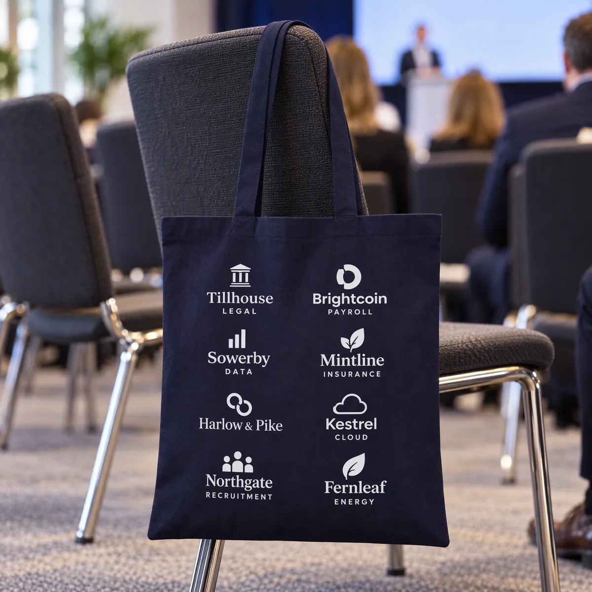 Back of a navy conference bag printed with eight sponsor logos in white, hanging on a chair in a conference hall