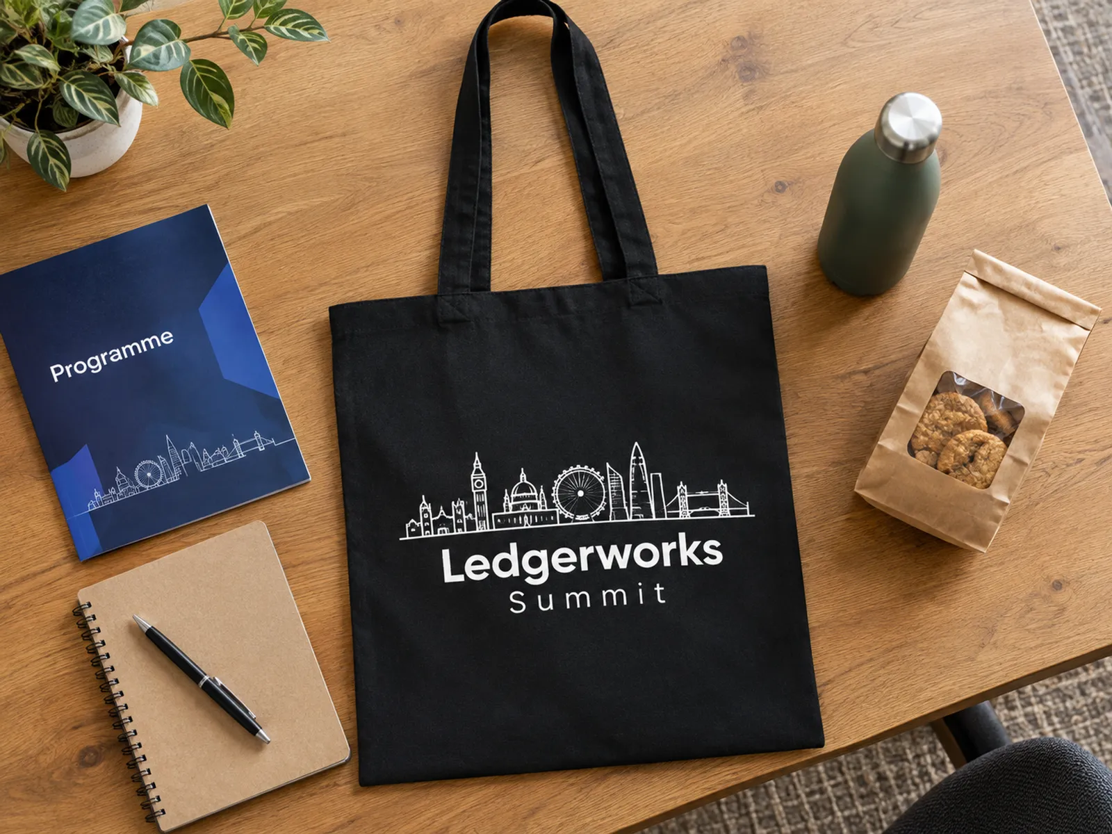 Contents of a conference welcome bag laid out beside an open black canvas tote printed with a white skyline logo