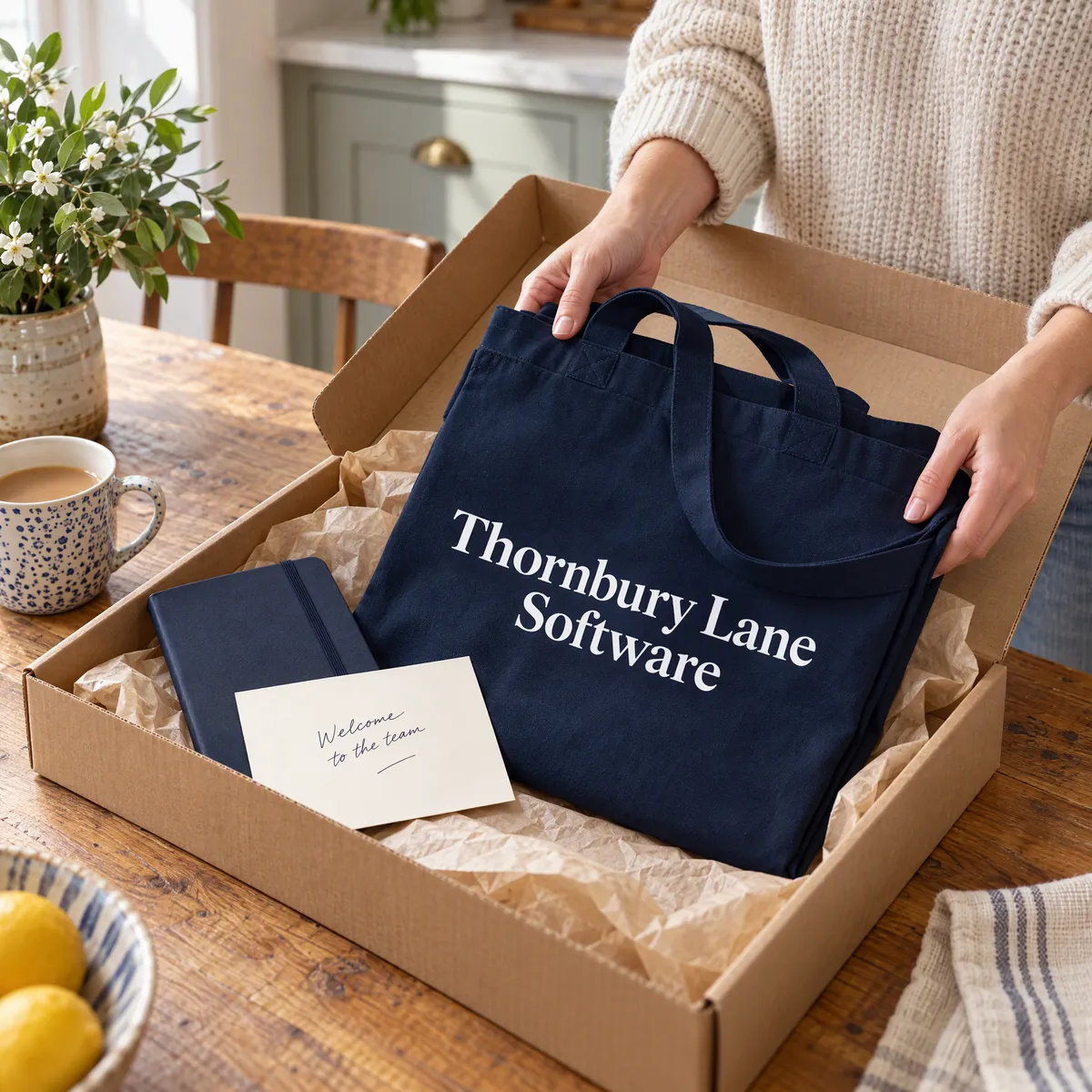 Navy canvas tote printed with a white company wordmark being packed into a posting box with a notebook and welcome card