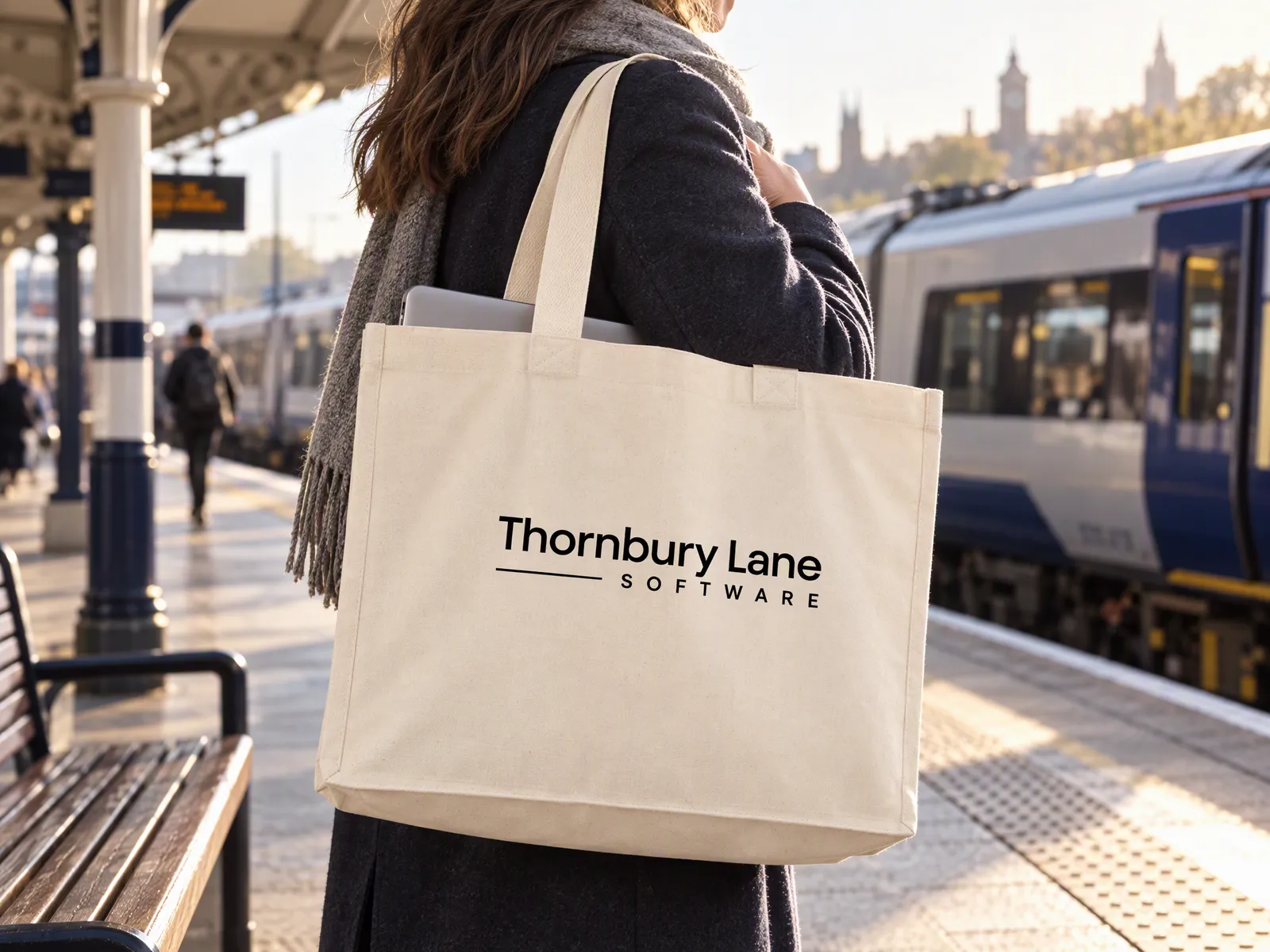 Commuter on a train platform carrying a natural canvas tote printed with a small black company logo
