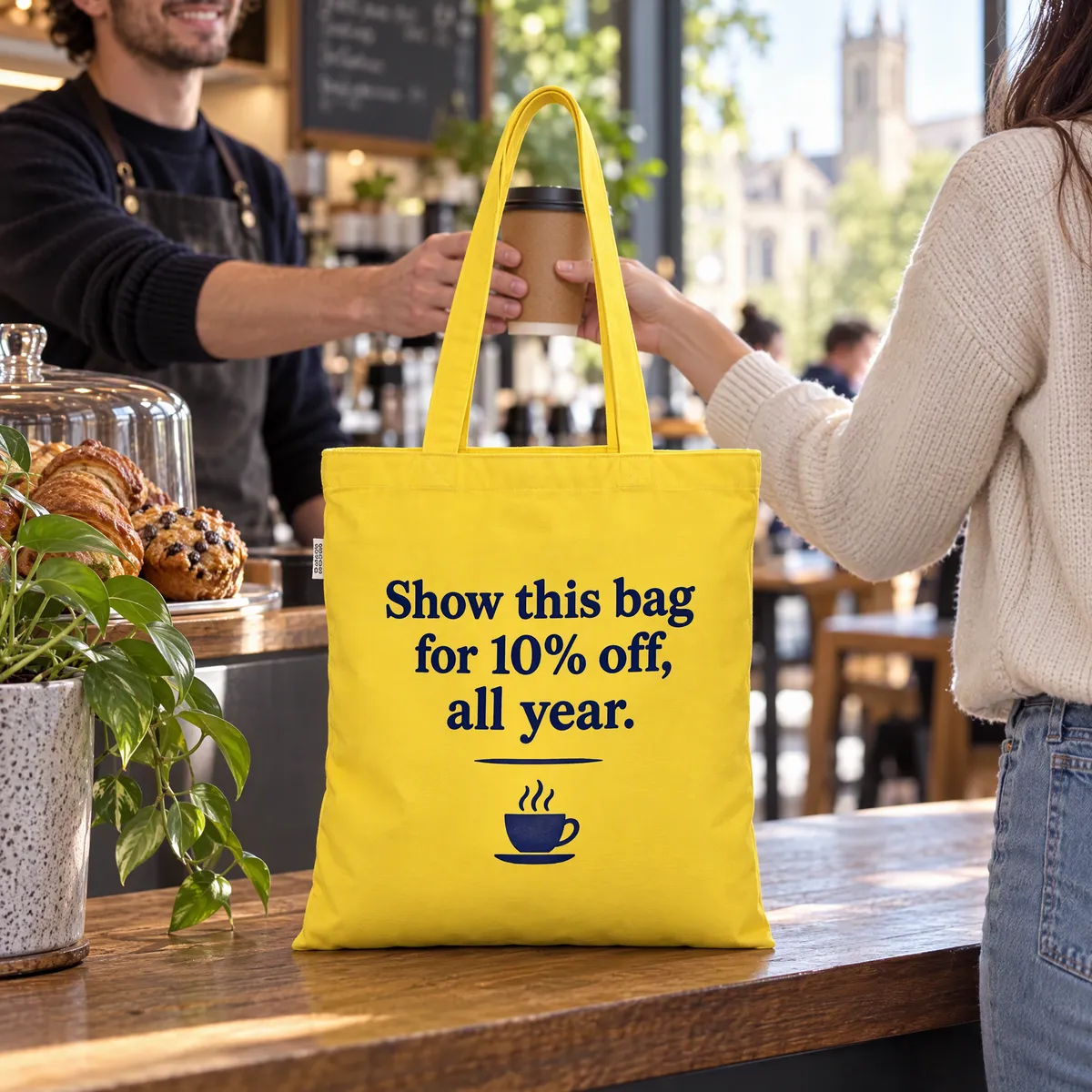 Yellow tote printed with a navy discount offer on a café counter near a university