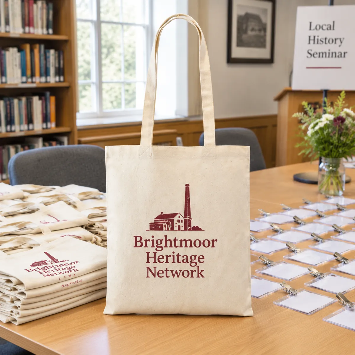 Registration desk with rows of natural cotton bags printed in burgundy and name badges for a small seminar