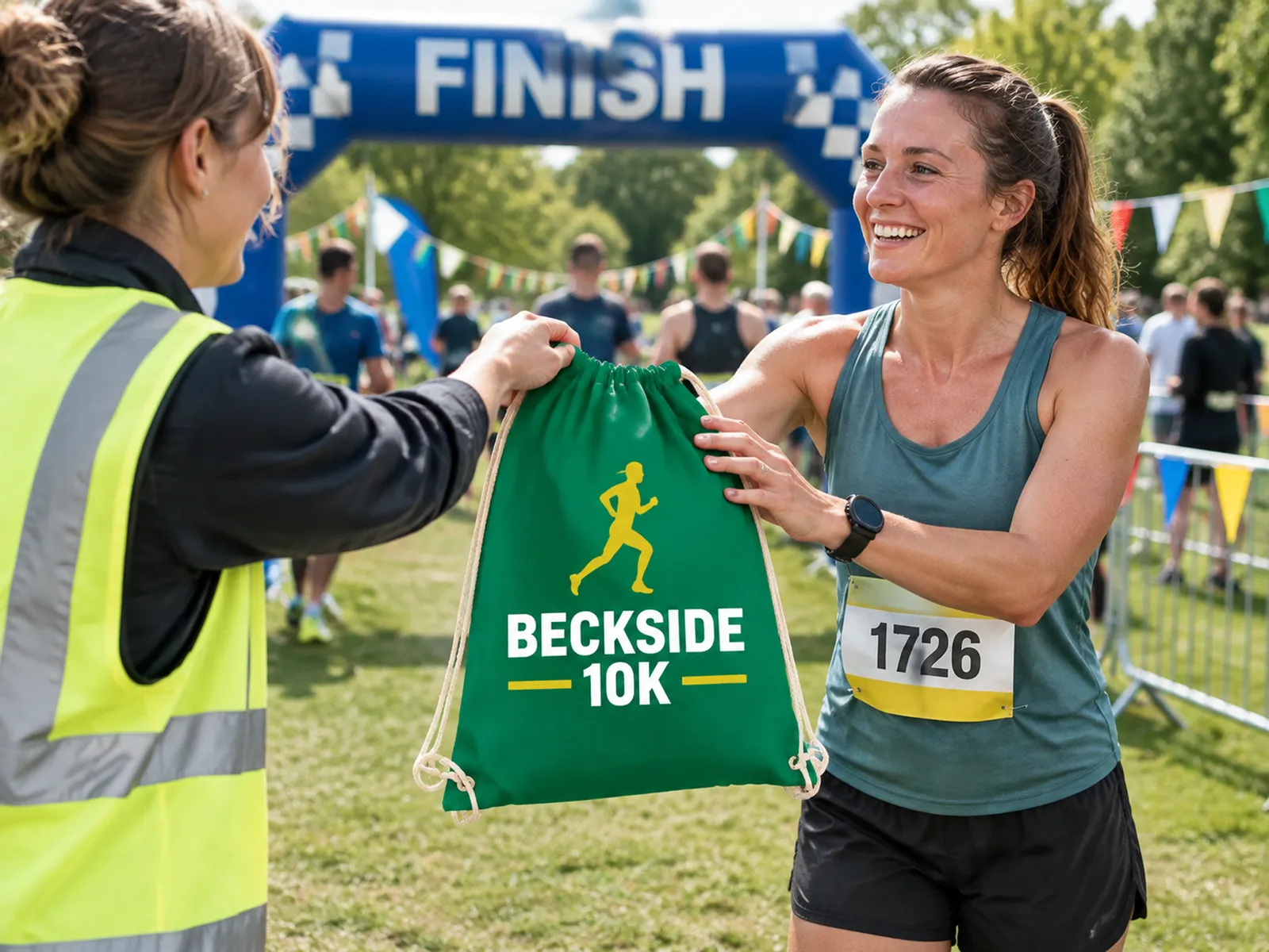Volunteer handing a green drawstring finisher's bag printed with a race logo to a runner at a 10K finish line