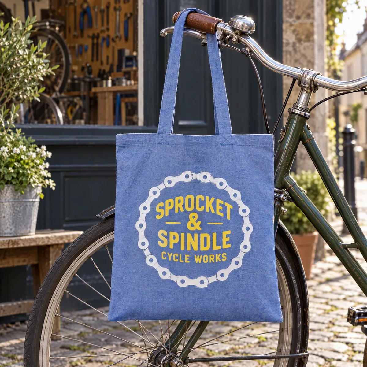 Blue marl cotton shopper printed with a bike chain design hanging from bicycle handlebars outside a repair shop