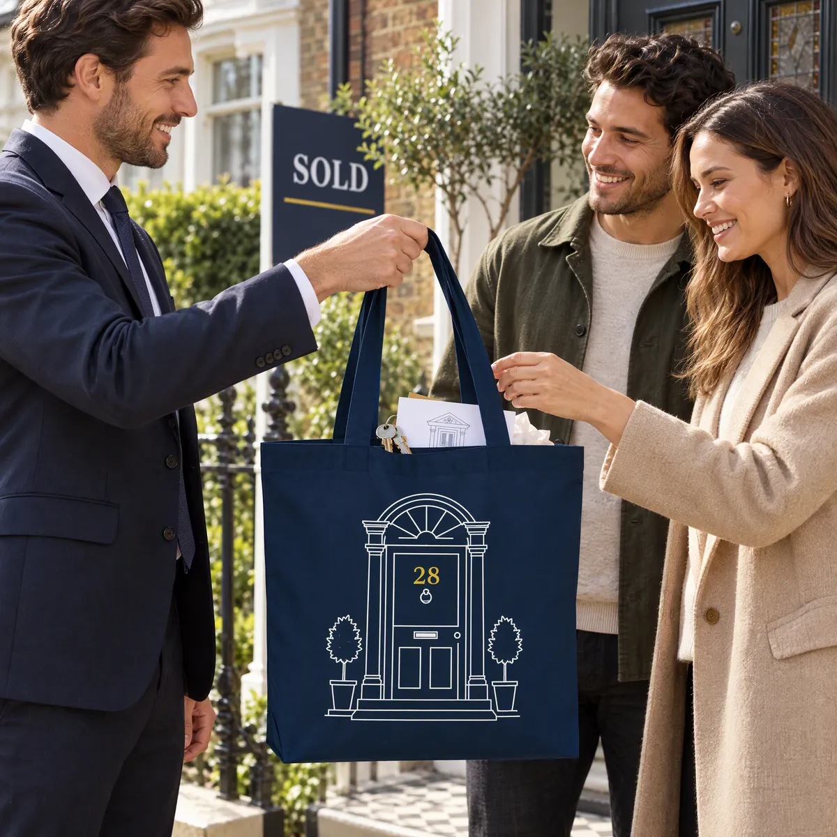 Estate agent handing a navy tote printed with a front door drawing to new homeowners on their doorstep