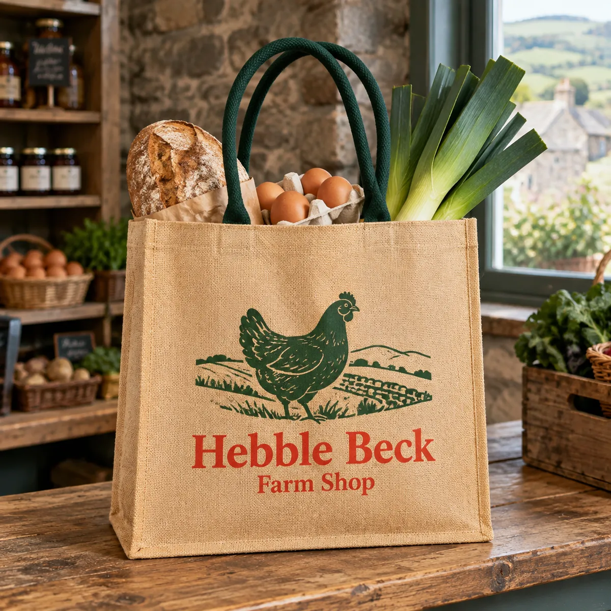 Jute bag with green handles printed with a hen and hills design on a farm shop counter