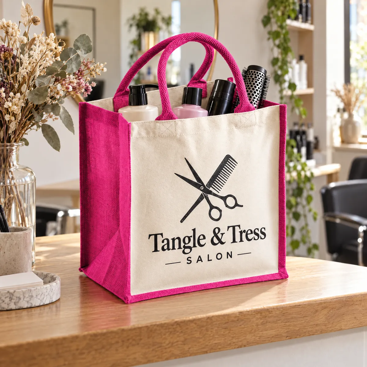 Jute bag with pink sides printed with scissors and comb holding hair products on a salon desk