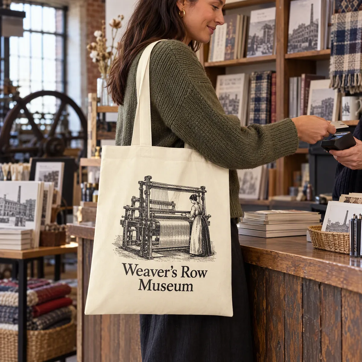 Natural organic cotton shopper printed with a black engraving of a loom at a museum shop counter