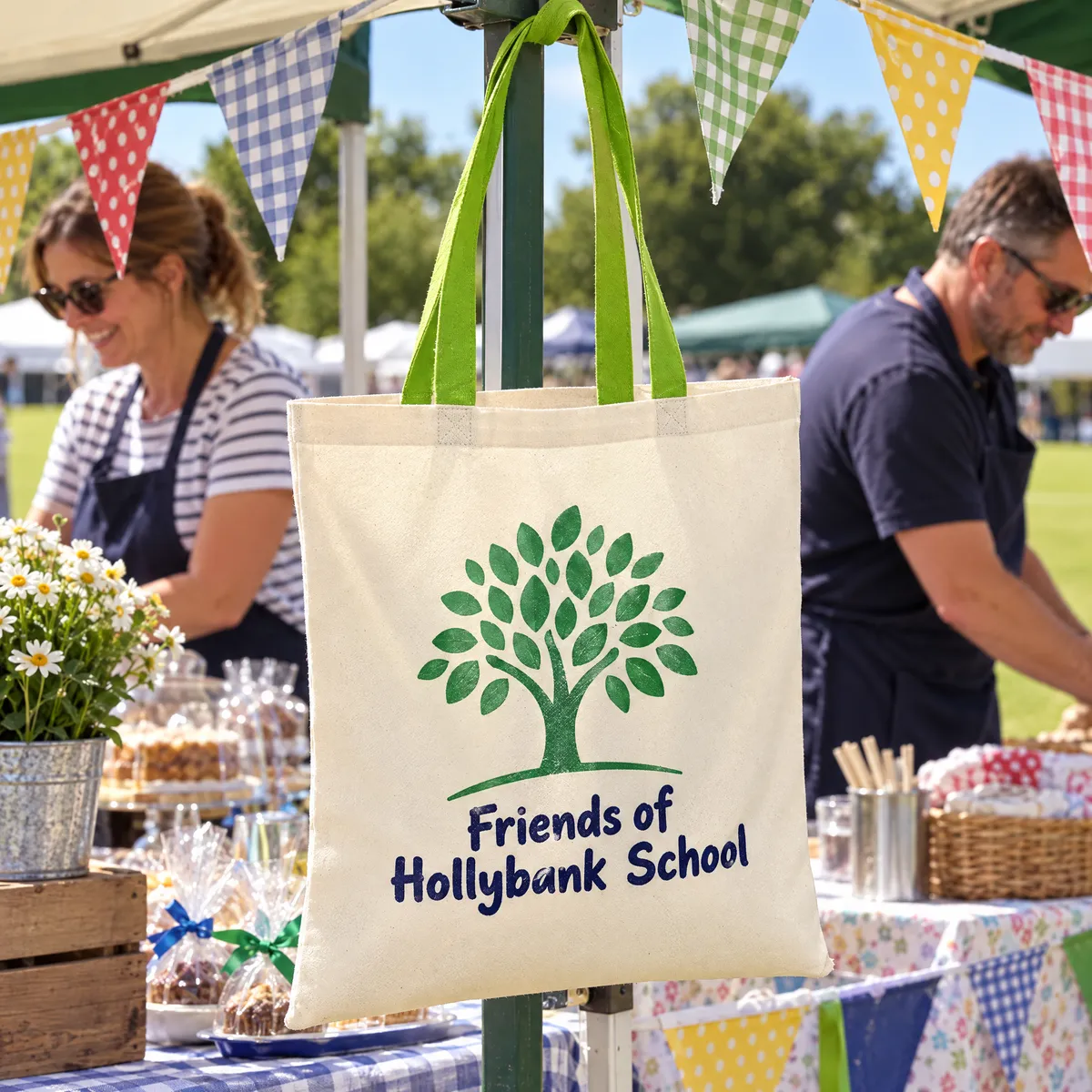 Natural cotton tote with green handles printed with a tree design hanging from a school summer fair stall