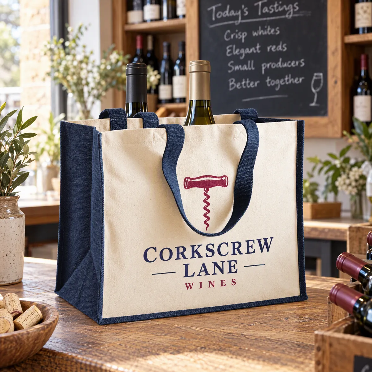Jute bag with navy sides printed with a corkscrew design holding wine bottles on a wine shop counter