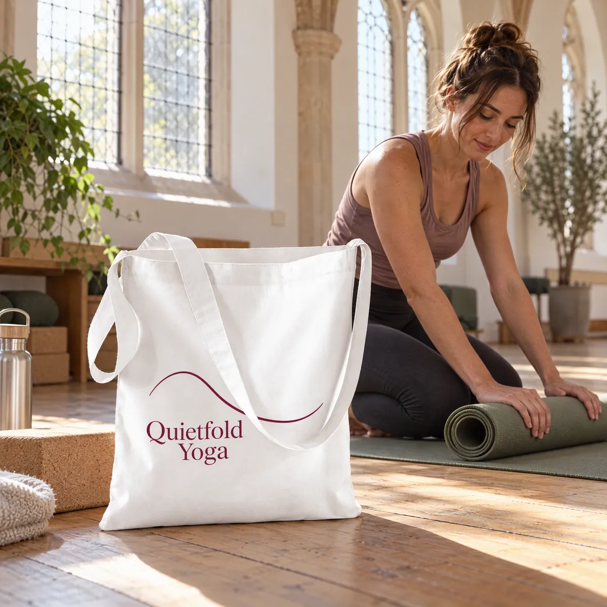 White cotton sling bag printed with a burgundy yoga studio logo beside a rolled mat in a studio