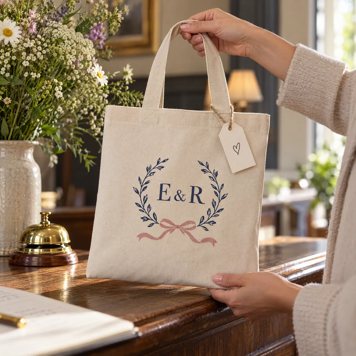 Guest picking up a small natural cotton welcome bag printed with the couple's initials in navy and pink from a hotel reception desk