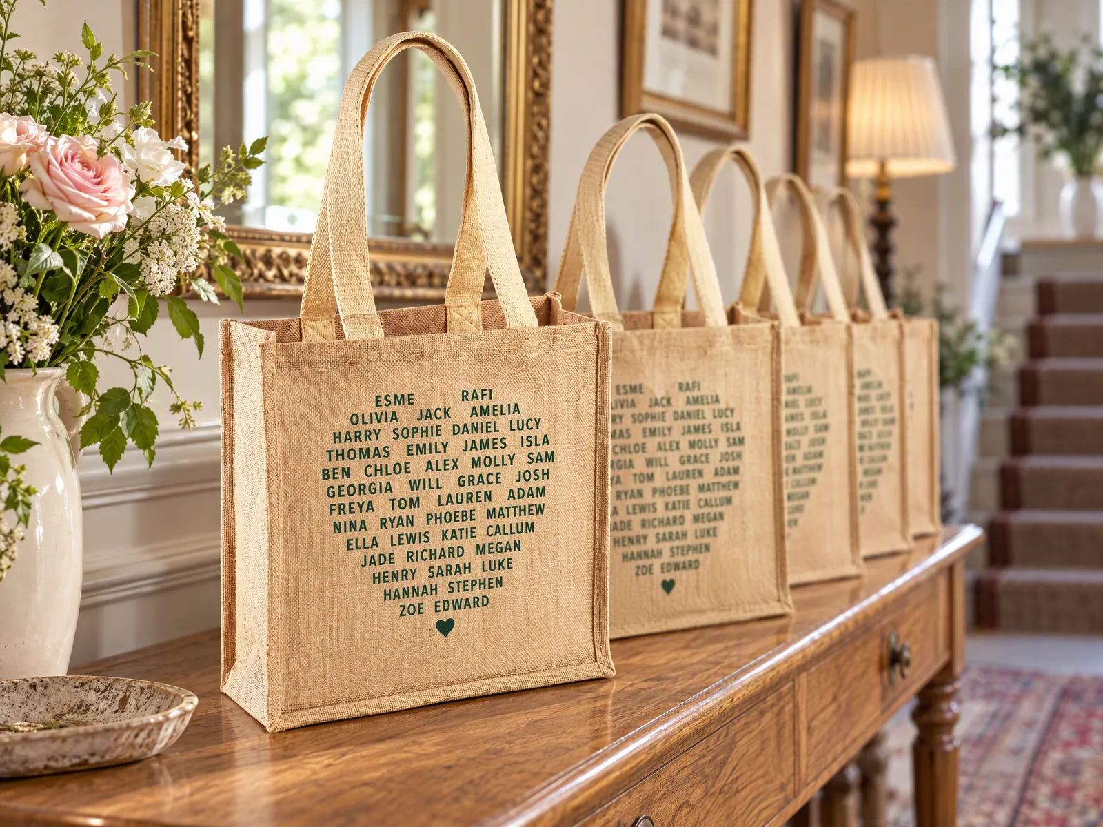 Row of jute welcome bags on a hall table, each printed with a heart made of every guest's first name in green