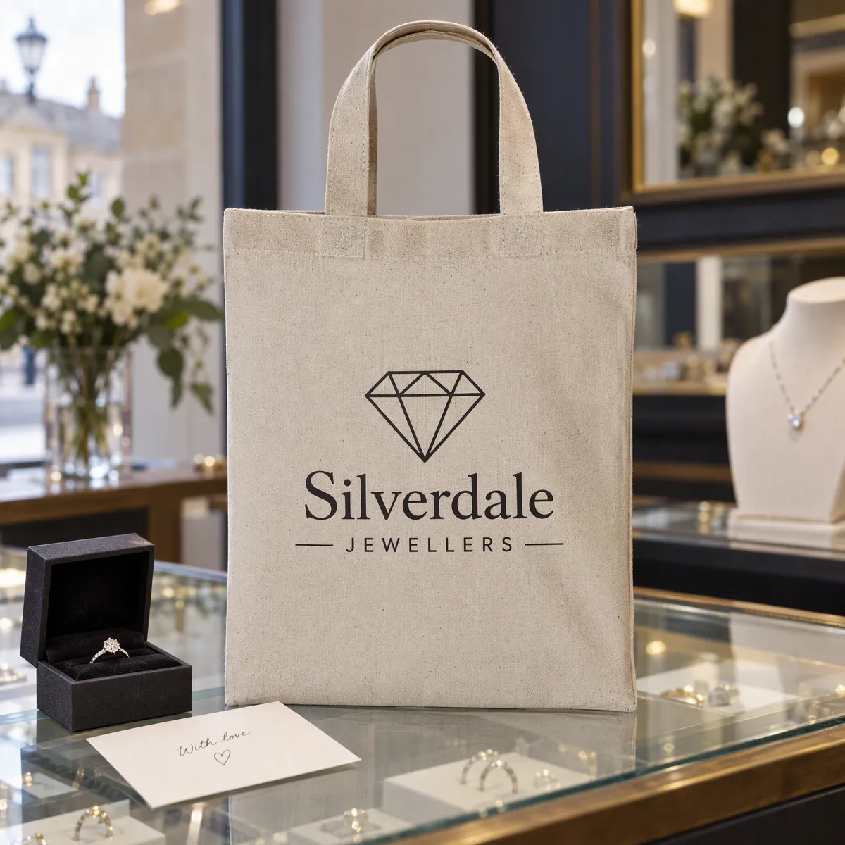 Mini natural cotton shopper printed with a Silverdale Jewellers logo on a jeweller's counter