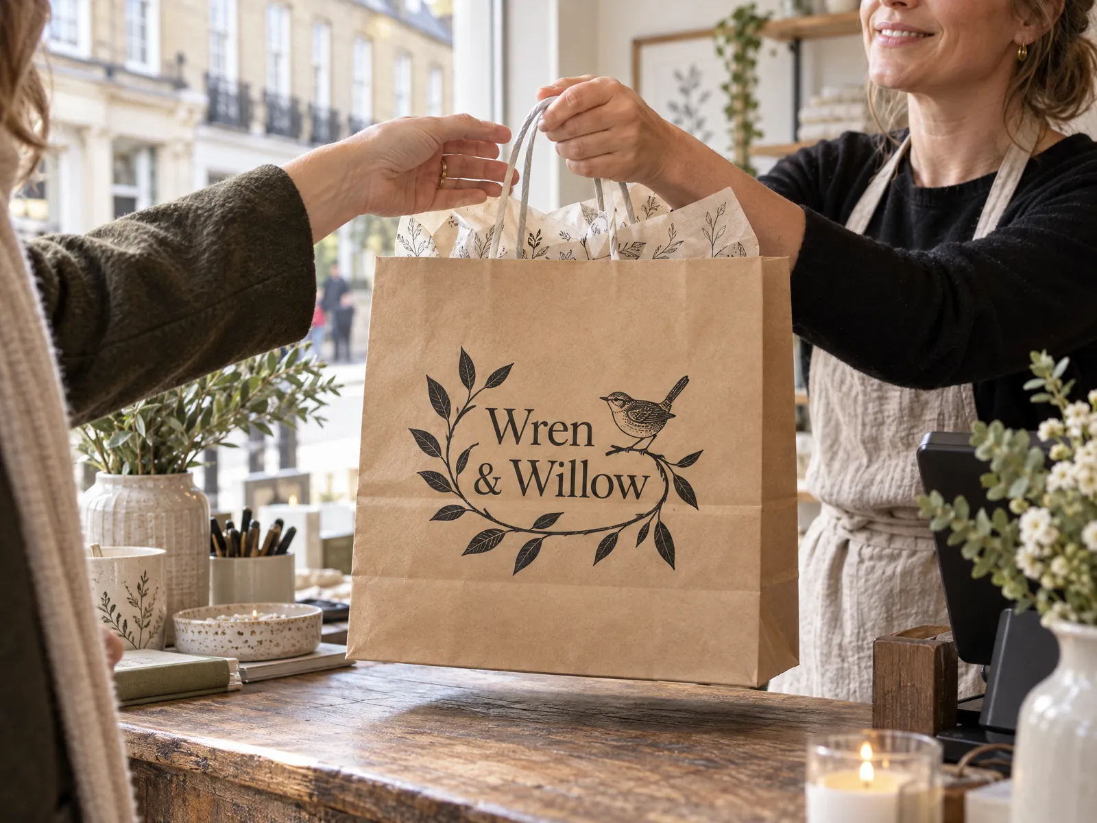 Shop owner handing a customer a kraft paper carrier bag printed with a Wren & Willow logo