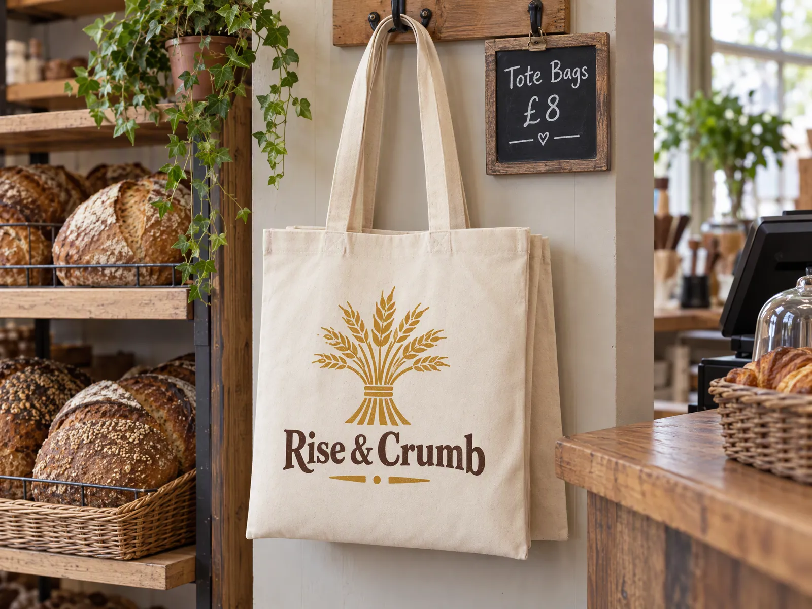 Natural cotton shoppers printed with a Rise & Crumb logo for sale by a bakery till