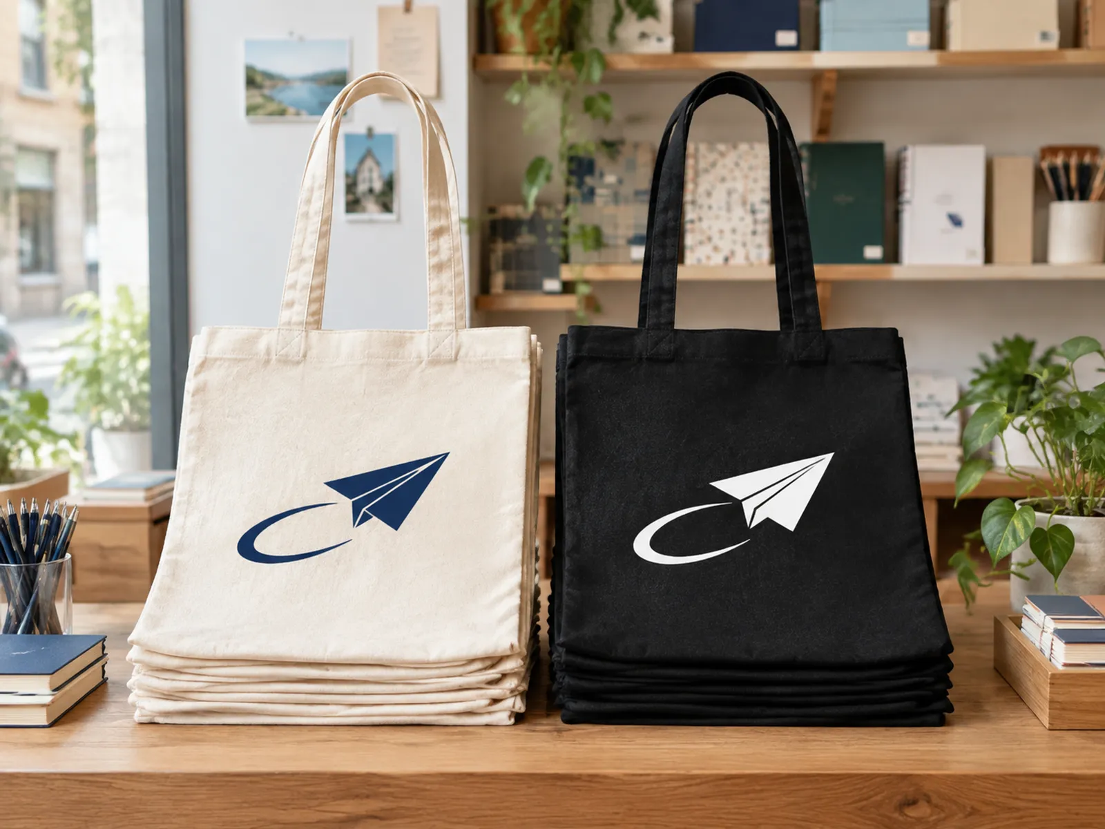 Natural and black cotton shoppers stacked on a counter, both printed with the Fold & Page logo
