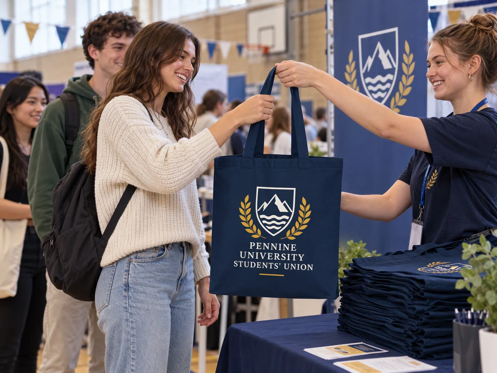 Students queueing at a freshers' fair stall for navy totes printed with a Pennine University Students' Union crest