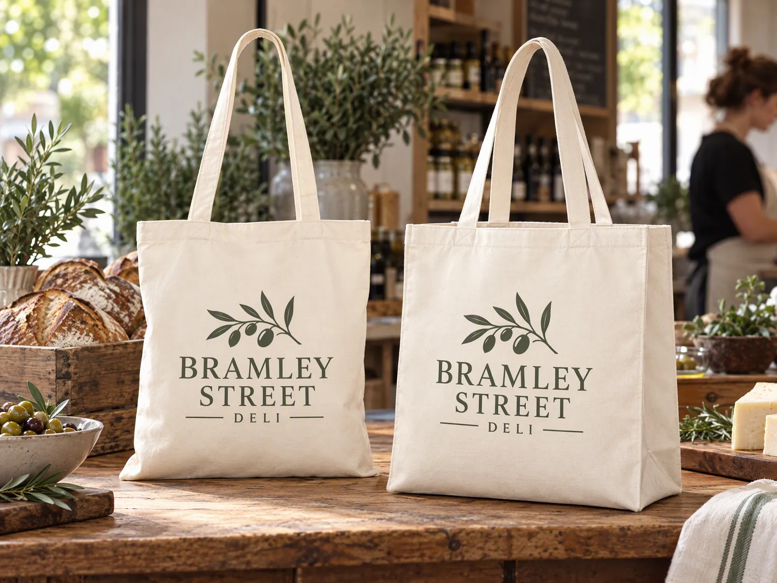 A lightweight shopper and a heavier canvas tote side by side, both printed with the Bramley Street Deli logo