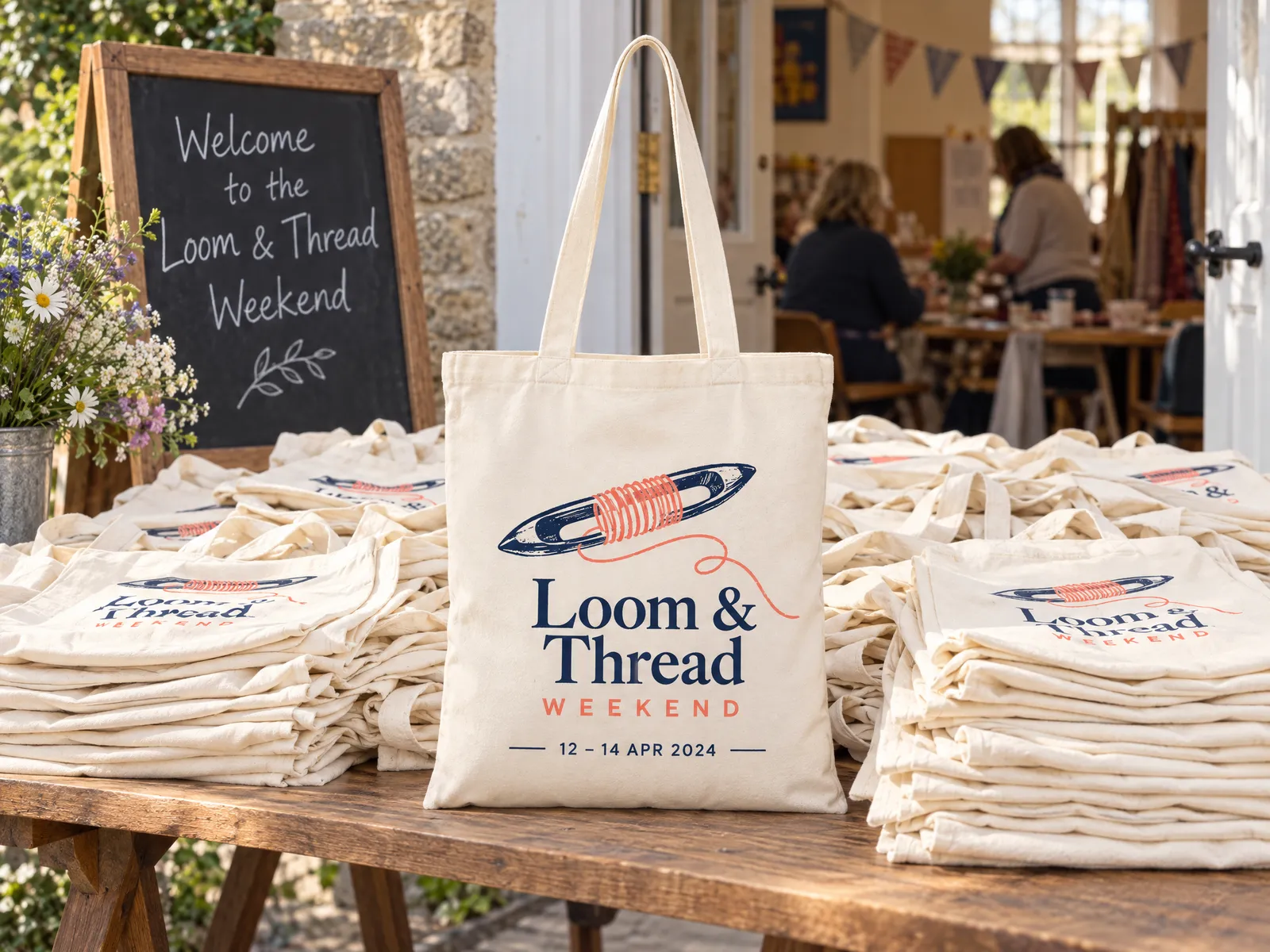 A pile of natural tote bags printed with a Loom & Thread Weekend logo on a village hall table