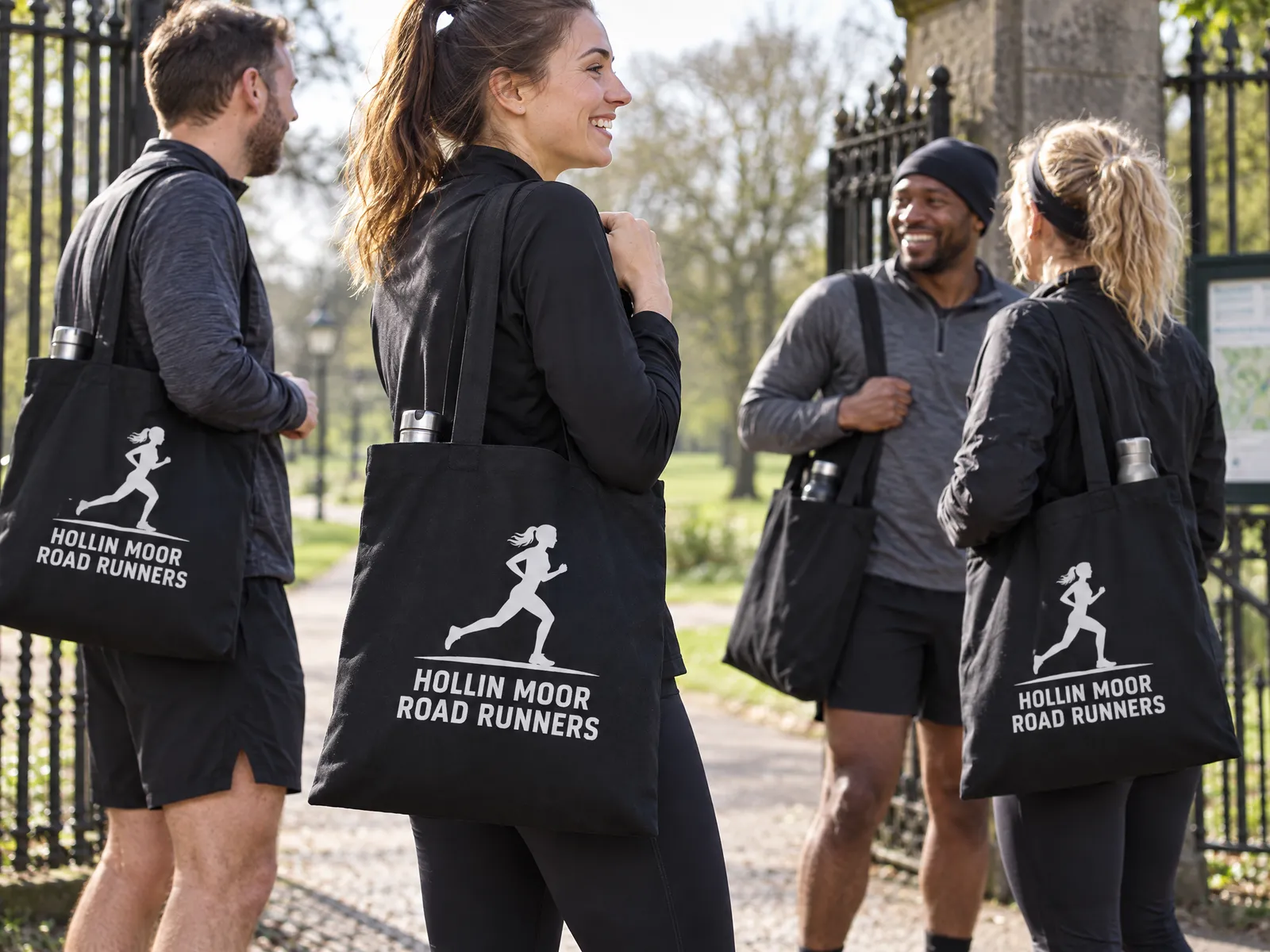 Running club members at a park gate carrying black shoppers printed with a white Hollin Moor Road Runners logo