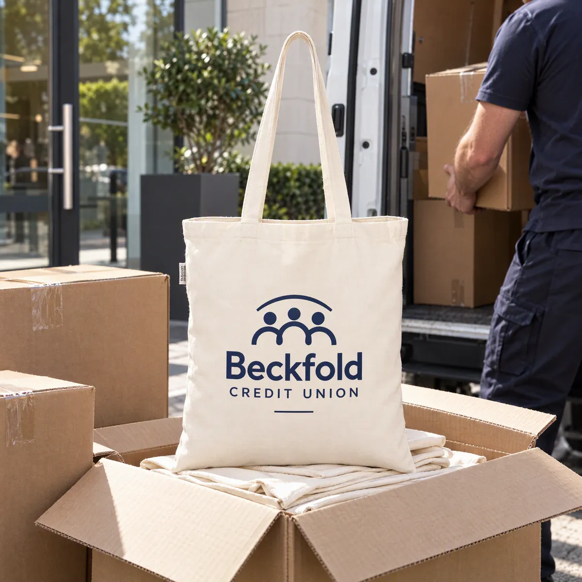 Boxes of printed tote bags being delivered to an office, one open box showing Beckfold Credit Union bags