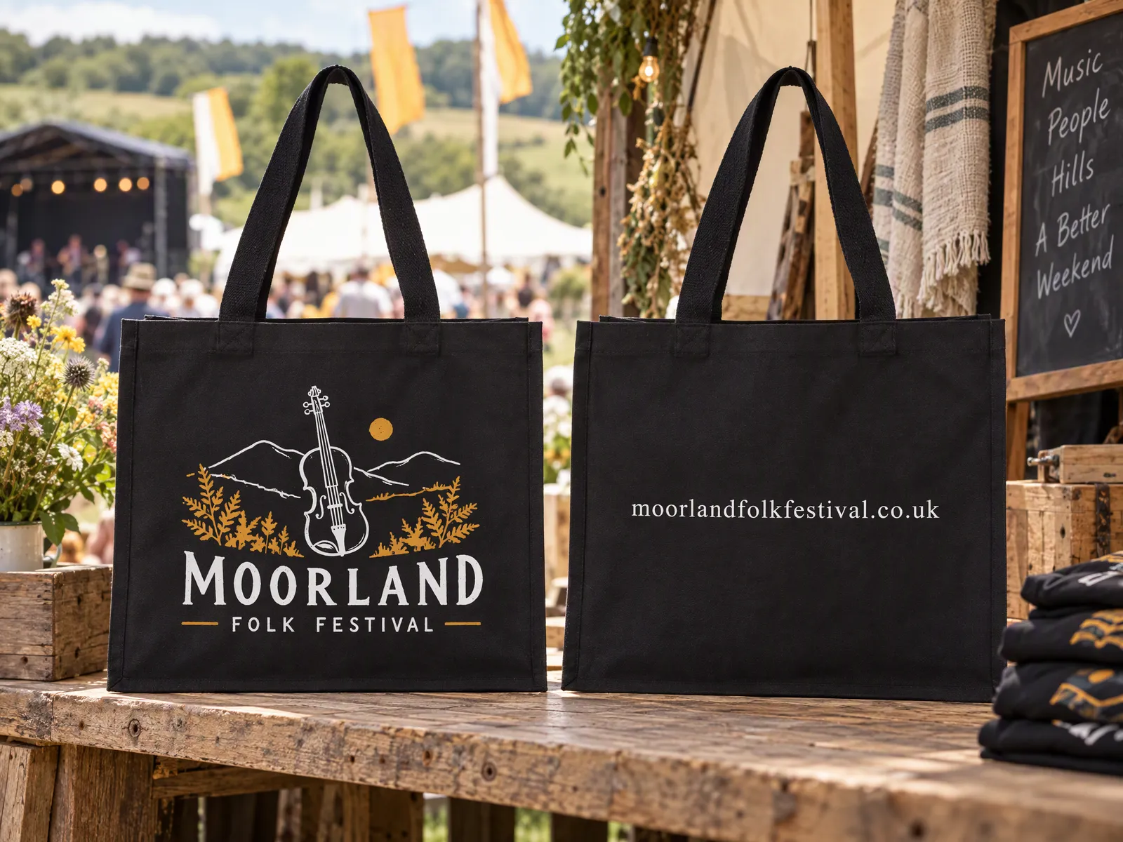 Two black canvas totes on a festival merch stand showing the Moorland Folk Festival logo on the front and a web address on the back