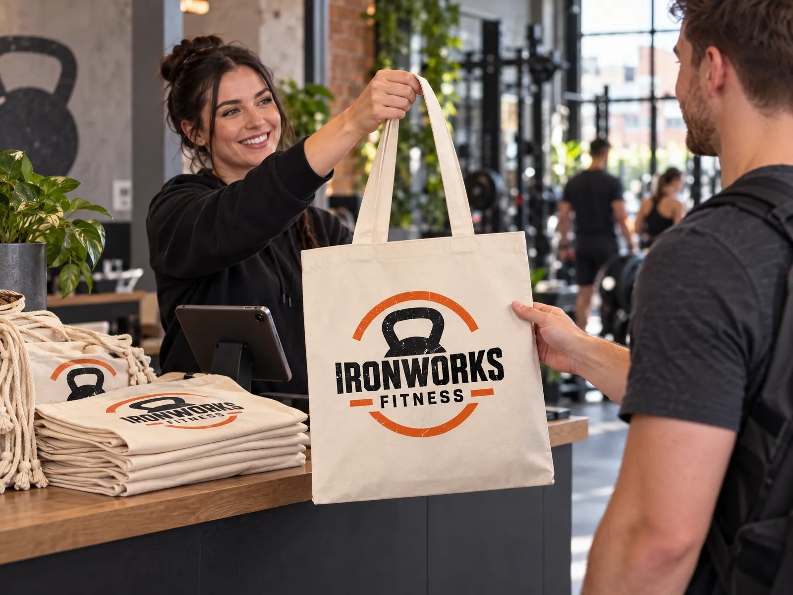 Gym receptionist handing a new member a natural canvas tote printed with an Ironworks Fitness logo