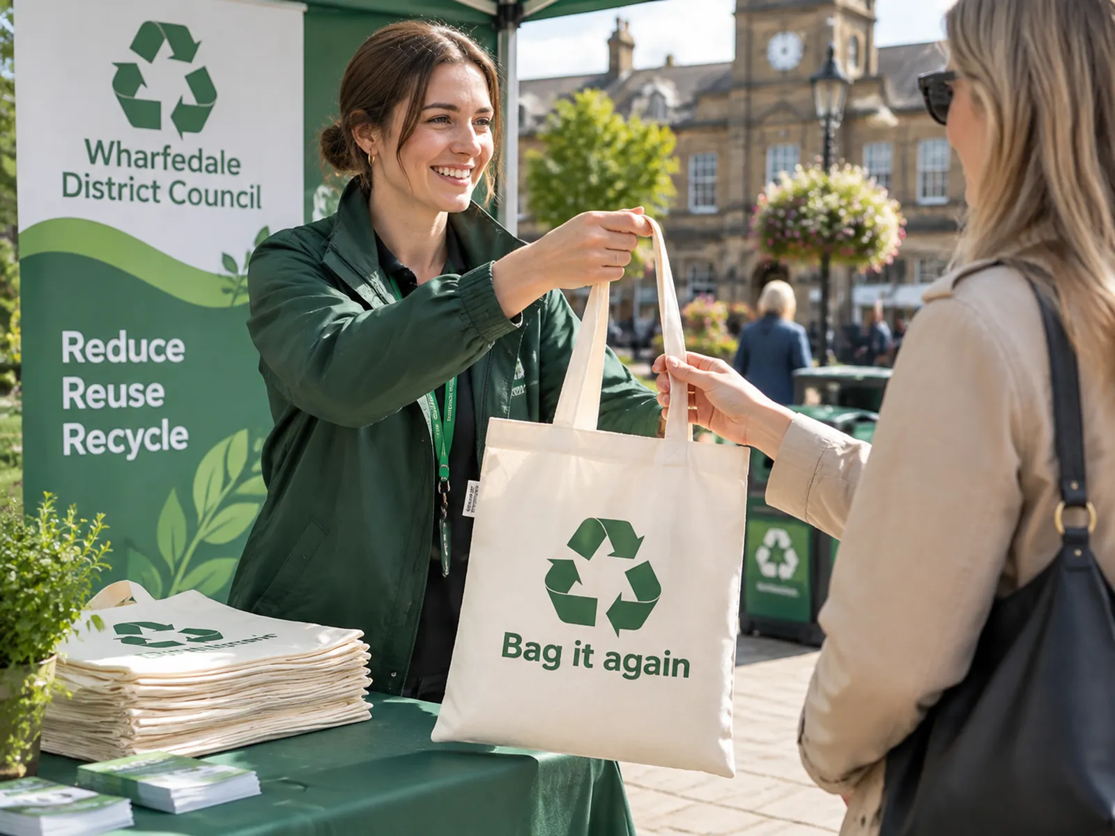 Council volunteer handing out natural tote bags printed with a green Bag it again recycling slogan