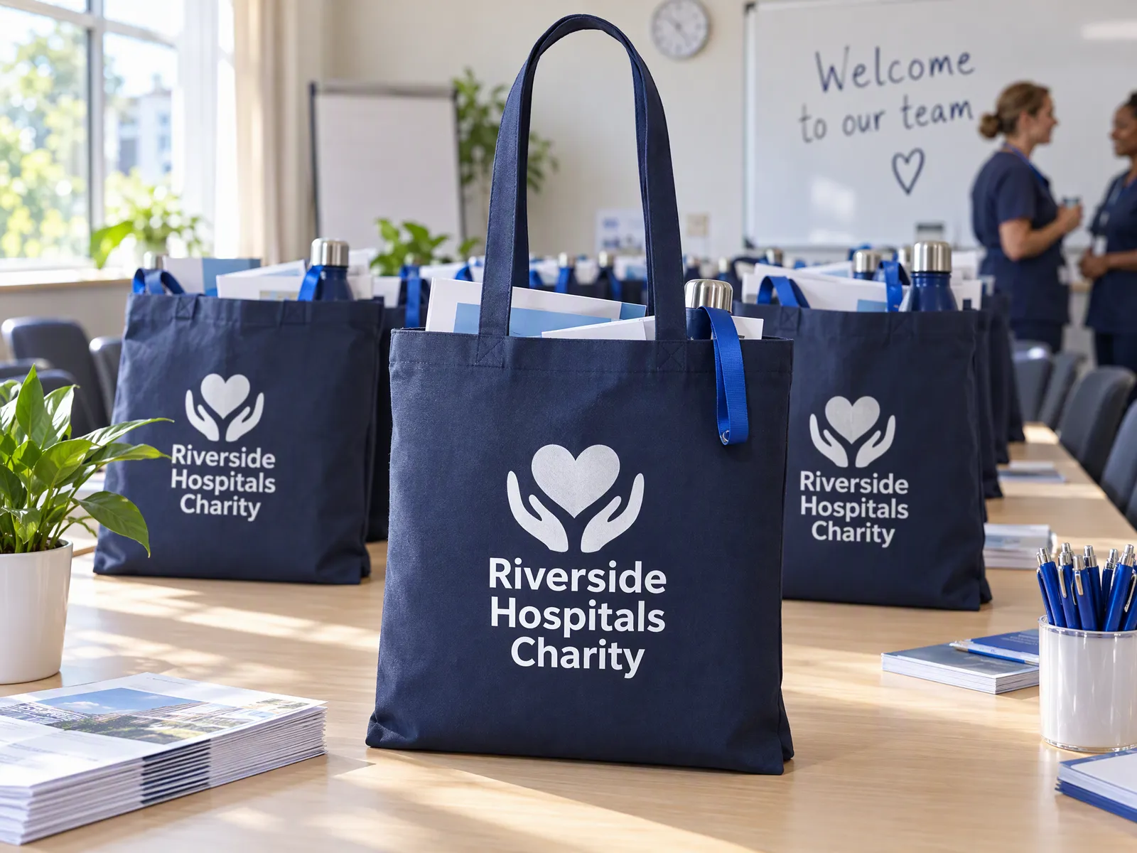 Navy cotton shoppers printed with a white Riverside Hospitals Charity logo, laid out as staff welcome packs