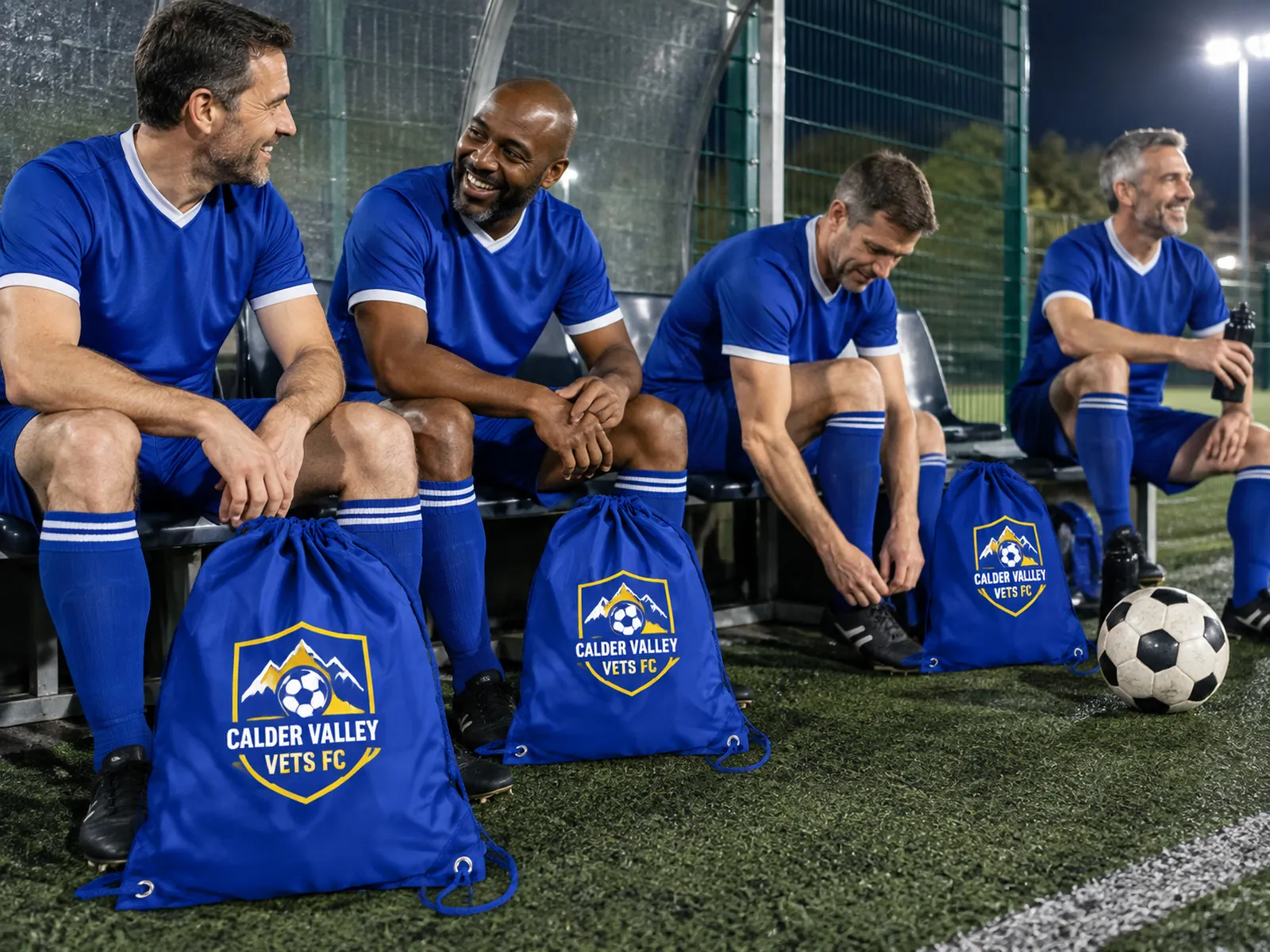 Adult football players on a bench with royal blue drawstring bags printed with a Calder Valley Vets FC crest