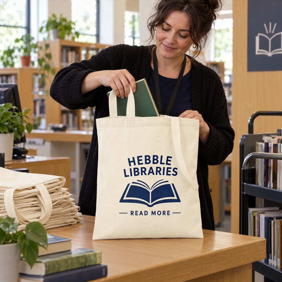 Natural organic cotton totes printed with a navy Hebble Libraries logo, on a library issue desk