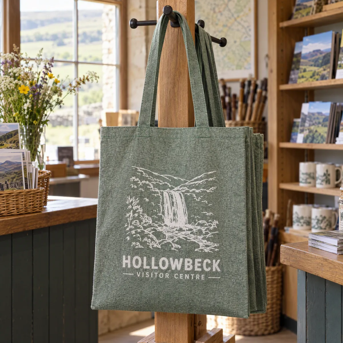 Green marl recycled cotton shoppers printed with a white Hollowbeck Visitor Centre logo, hanging in a visitor centre shop