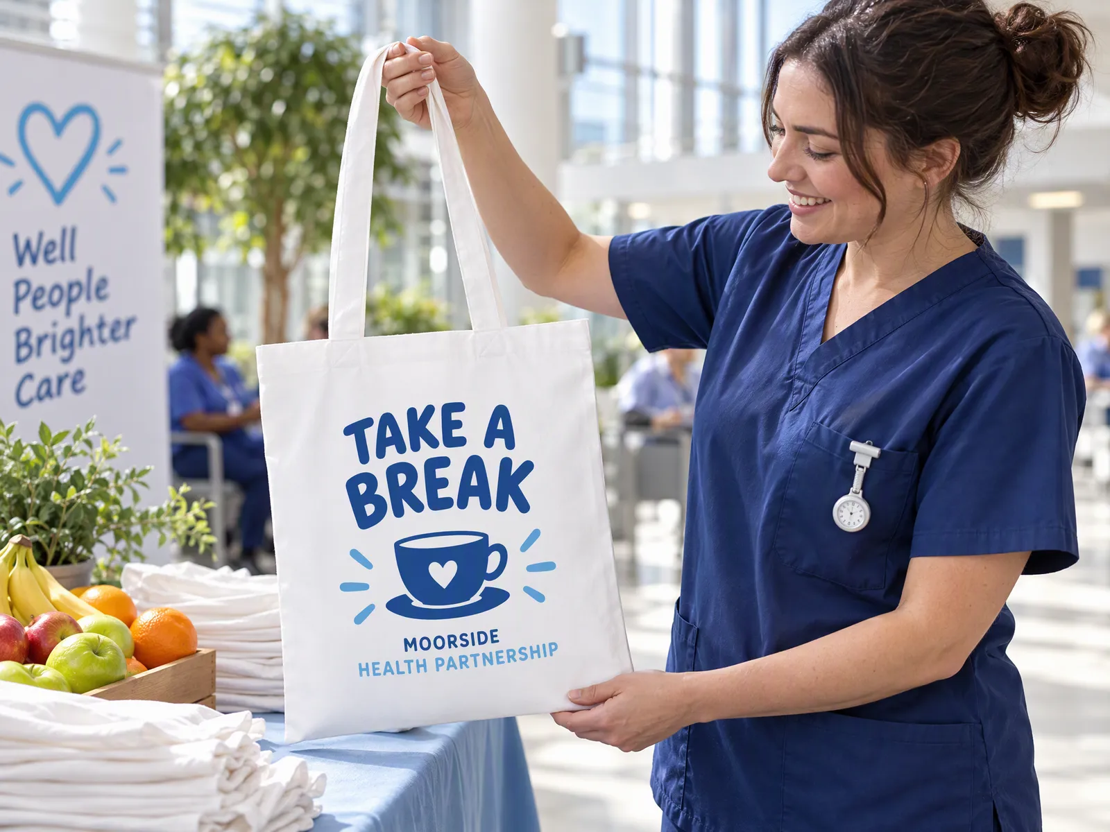 White cotton shopper printed with a Take A Break wellbeing design in two blues, picked up by a nurse at a hospital stand