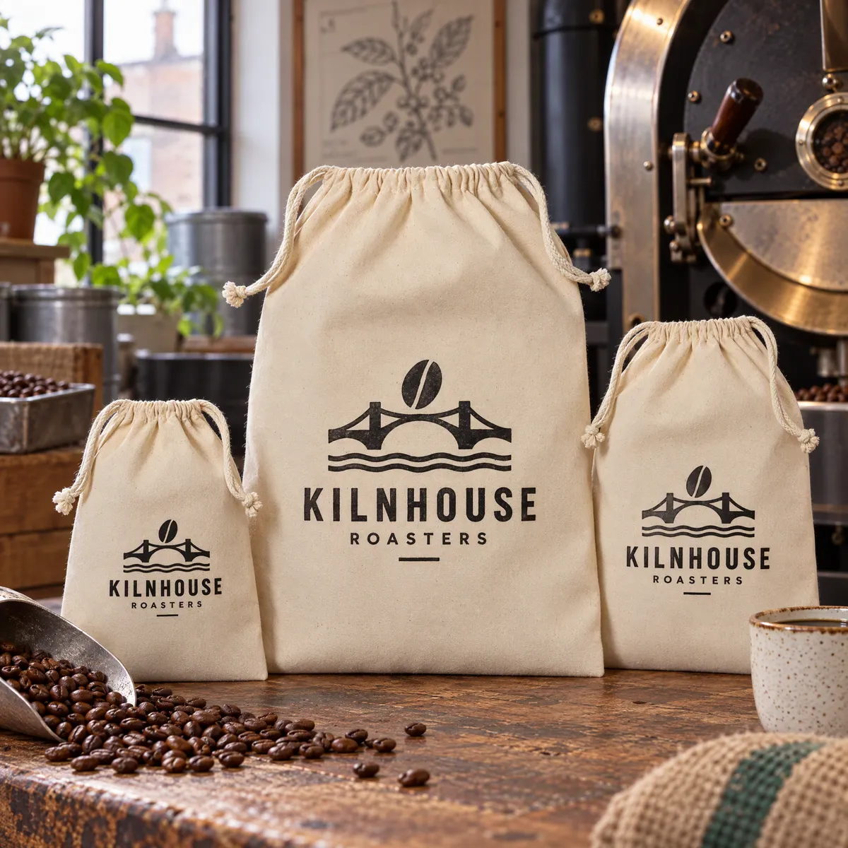 Natural recycled cotton drawstring bags in three sizes printed with a coffee roaster's logo
