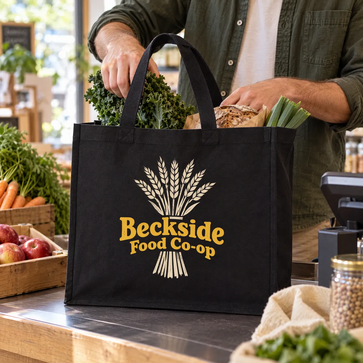 Black recycled canvas tote standing open on a shop counter as a man packs his shopping