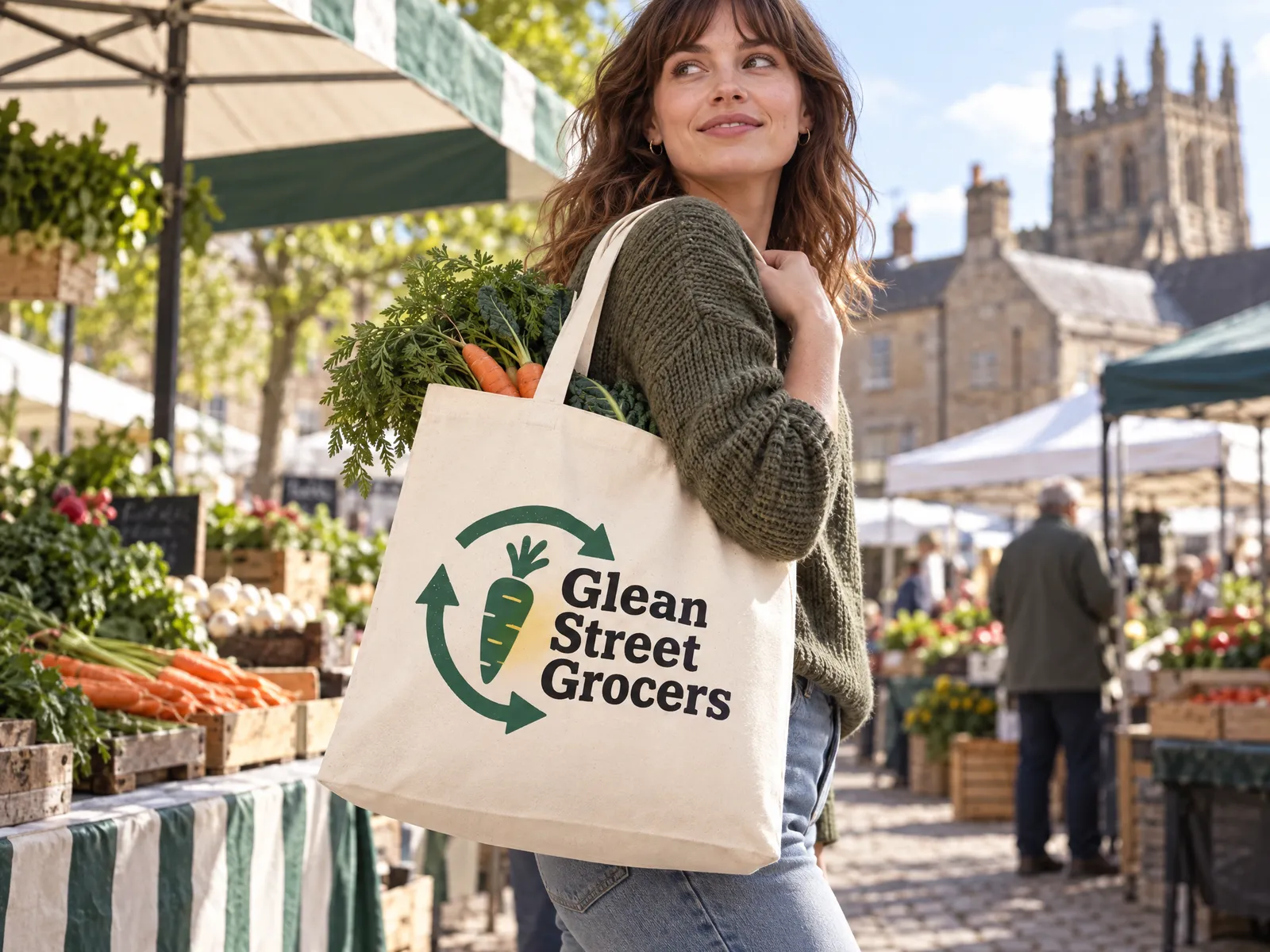 Natural recycled canvas tote printed with a grocer's logo, carried on the shoulder through an outdoor market